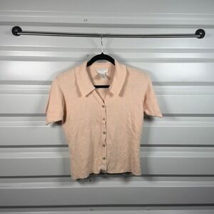 Express Tricot Vintage Peach Ribbed Knit Short Sleeve Cardigan‎ Polo Top Small